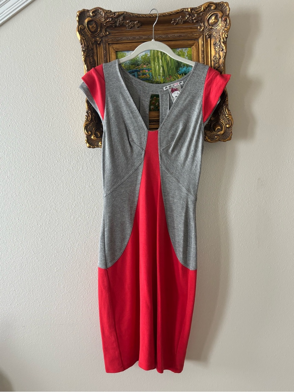 Yoana Baraschi Gray and Red Colorblock Midi Dress